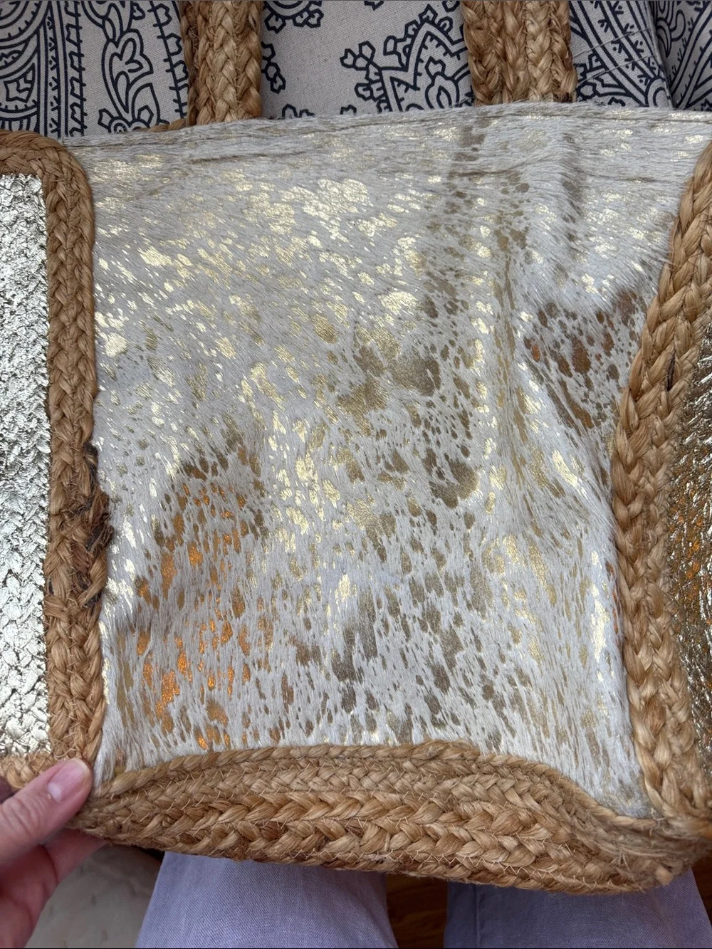 Chloe & Alex Braided Straw Tote with Gold Panels and Embossed Leather - NWOT
